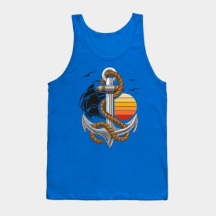 Anchor Marine retro Element with Sun, Sailing Boat and Seagulls Flight Tank Top